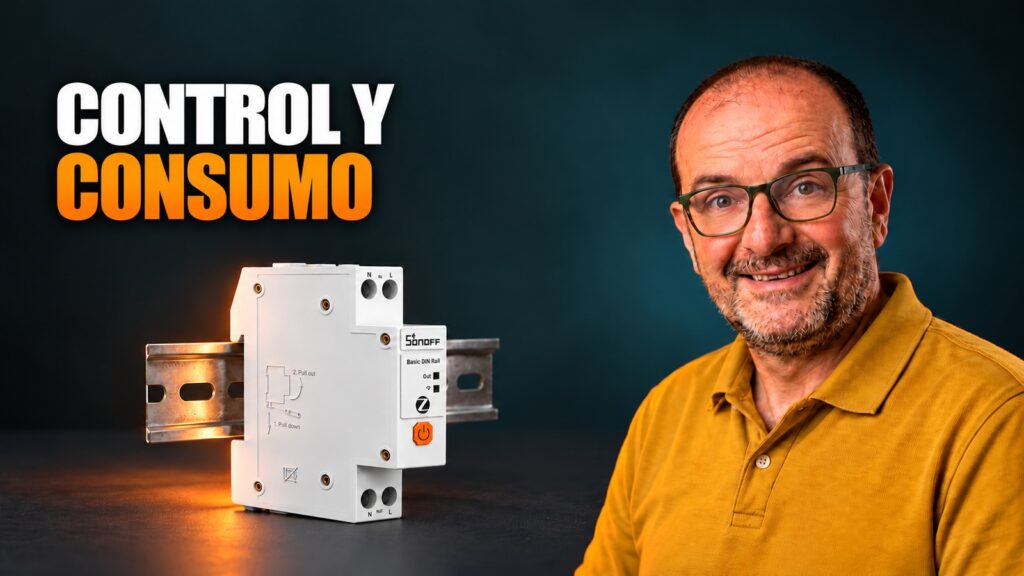 Albert junto al Sonoff Basic DIN Rail Zigbee con el texto Control y consumo