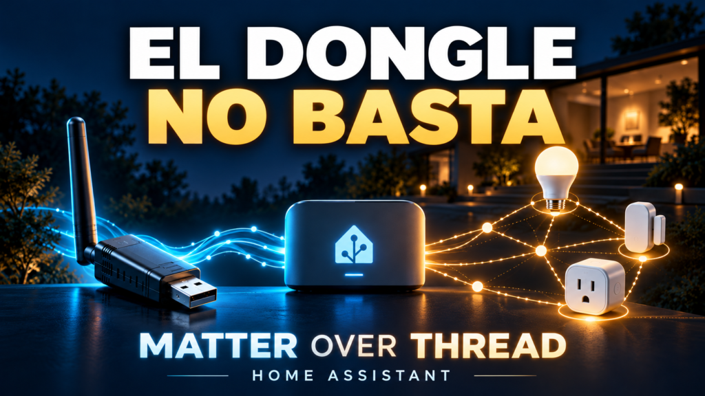 Matter over Thread en Home Assistant: el dongle no basta; ilustración de radio USB, servidor y dispositivos conectados