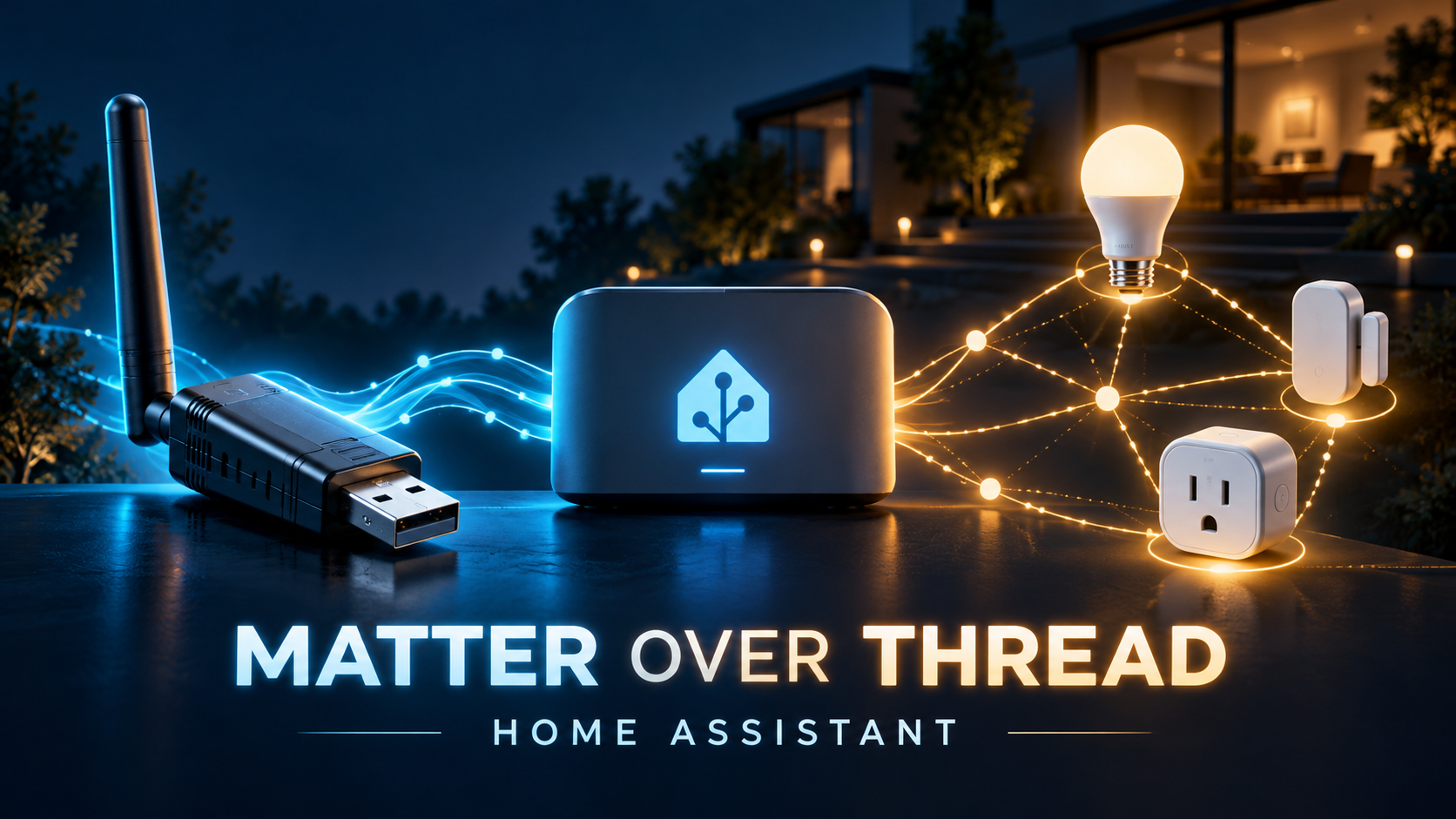 Ilustración de una radio USB, un servidor Home Assistant y una malla de dispositivos Matter over Thread