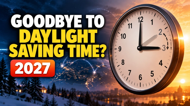 Analog clock showing 3:00 with the headline “Goodbye to Daylight Saving Time? 2027” against a contrasting day-and-night background.