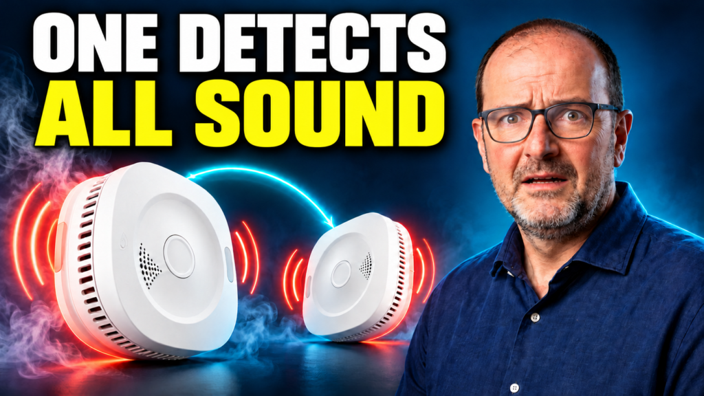 Albert with two Sensereo MS-1 Interlink smoke alarms: one detects, all sound.