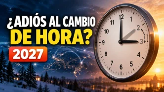 Reloj analógico con las agujas marcando las 3:00 y el texto «¿Adiós al cambio de hora? 2027», sobre un fondo que representa el día y la noche.